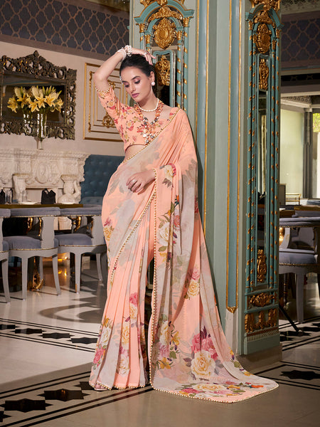 Peach Color Printed With Pearl Lace Border Georgette Saree