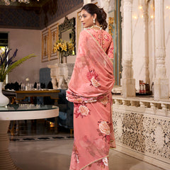 Orange Color Printed With Pearl Lace Border Georgette Saree