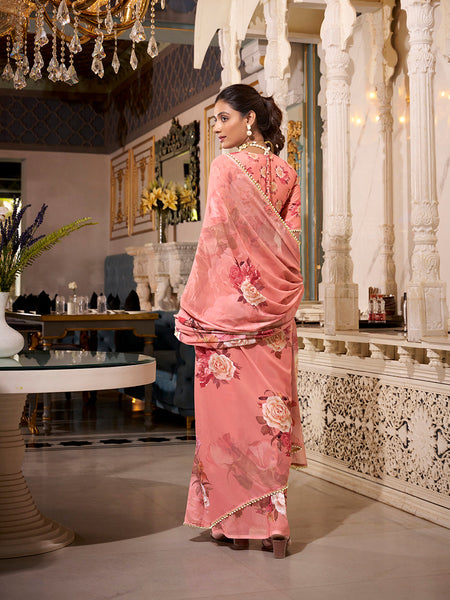 Orange Color Printed With Pearl Lace Border Georgette Saree