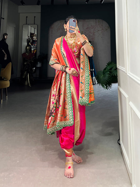 Pink Color Zari Weaving Work With Jacquard Silk (Paithani) Maharashtrian Bride Saree