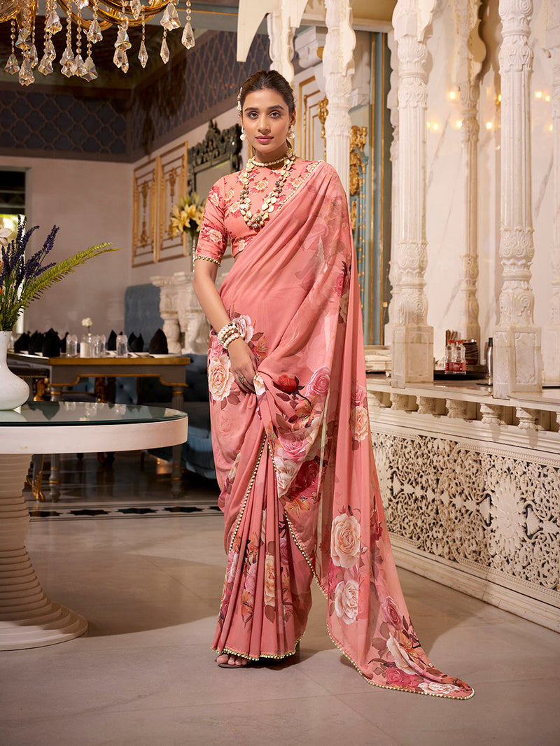 Orange Color Printed With Pearl Lace Border Georgette Saree