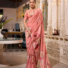 Orange Color Printed With Pearl Lace Border Georgette Saree