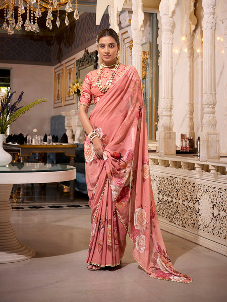 Orange Color Printed With Pearl Lace Border Georgette Saree
