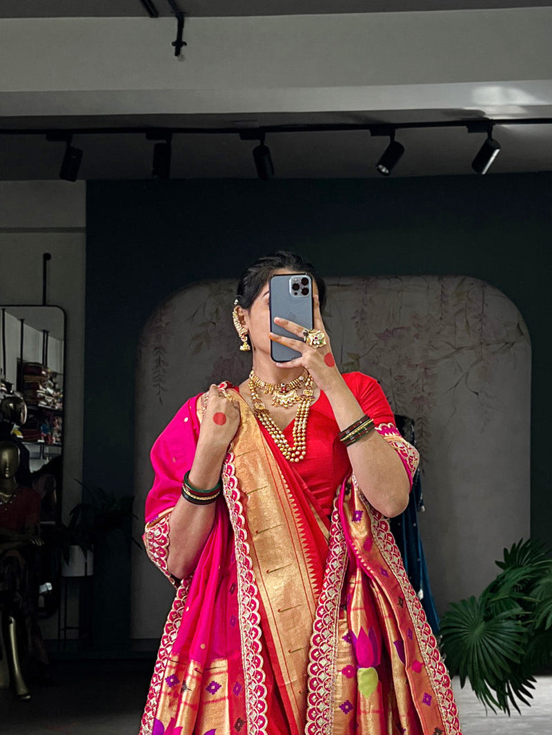 Red color Paithani Zari Weaving Work Jacquard Silk Saree