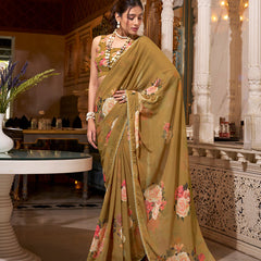 Brown Color Printed With Peral Lace Border Georgette Saree