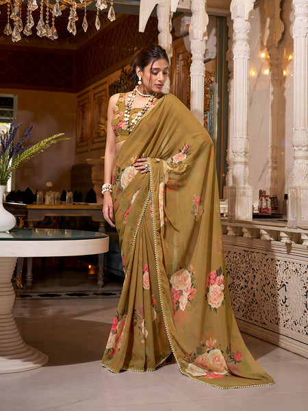 Brown Color Printed With Peral Lace Border Georgette Saree