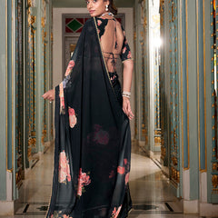 Black Color Printed With Peral Lace Border Georgette Saree