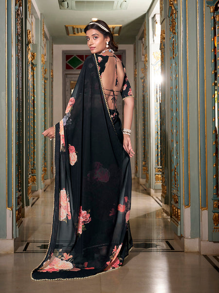 Black Color Printed With Peral Lace Border Georgette Saree