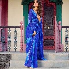 Blue Color Floral Printed Pearl Lace Border Chiffon Saree
