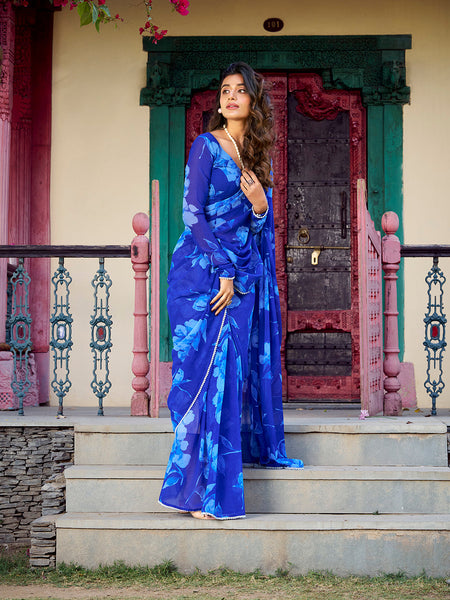 Blue Color Floral Printed Pearl Lace Border Chiffon Saree