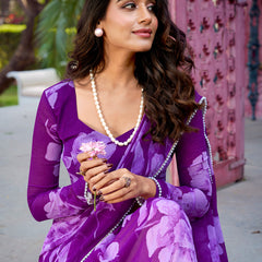 Purple Color Floral Printed Pearl Lace Border Chiffon Saree