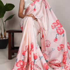 Peach Color Floral Print With Peral Lace Border Satin Silk Saree