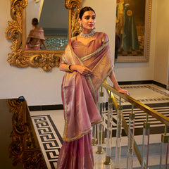Light Pink Color Zari Weaving Work With Sequins Border Tissue Shimmer Saree