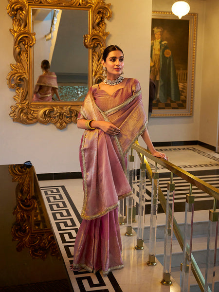 Light Pink Color Zari Weaving Work With Sequins Border Tissue Shimmer Saree