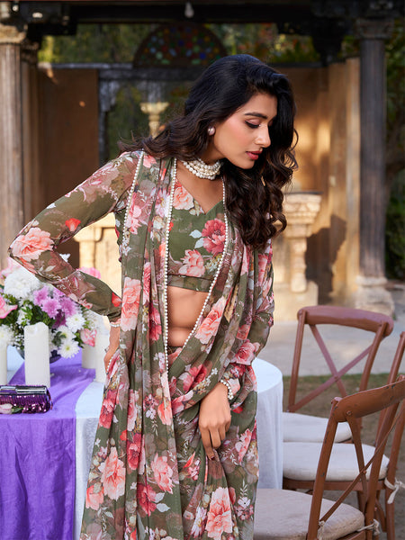Mehandi Color Printed With Peral Lace Border Weightless Marbal
