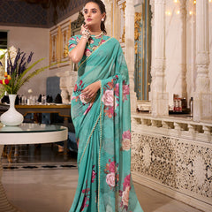 Green Color Printed With Pearl Lace Border Georgette Saree