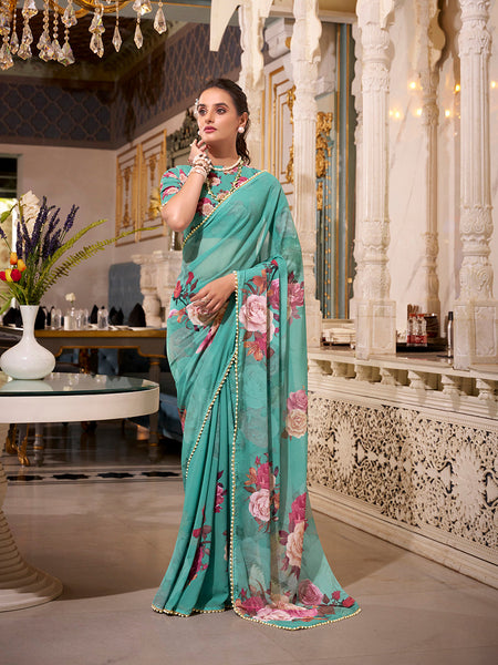Green Color Printed With Pearl Lace Border Georgette Saree