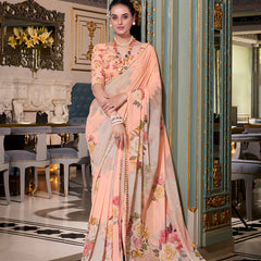 Peach Color Printed With Pearl Lace Border Georgette Saree