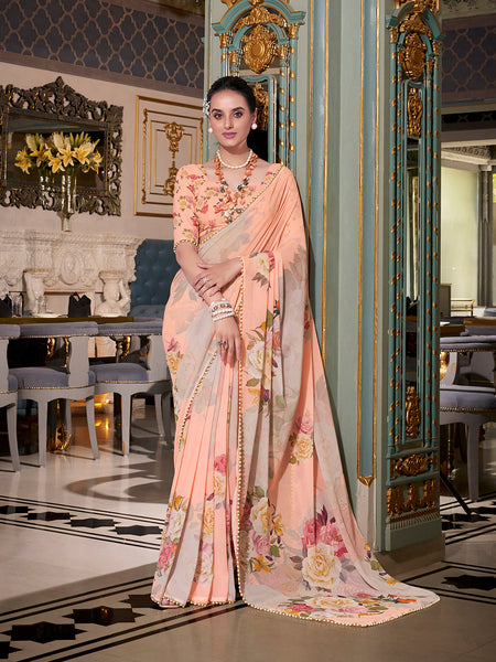Peach Color Printed With Pearl Lace Border Georgette Saree