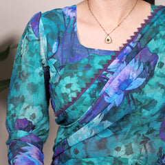 Firozi Color Floral Printed With Lace Border Weightless Marbal Saree
