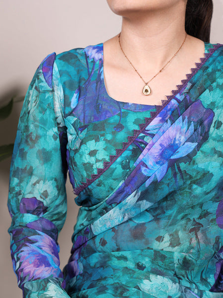 Firozi Color Floral Printed With Lace Border Weightless Marbal Saree