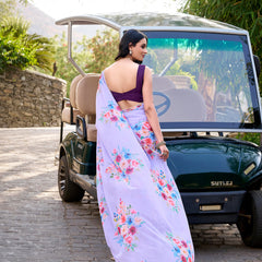 Lavender Color Floral Printed And Pearl Lace Border Weightless Marbal Saree