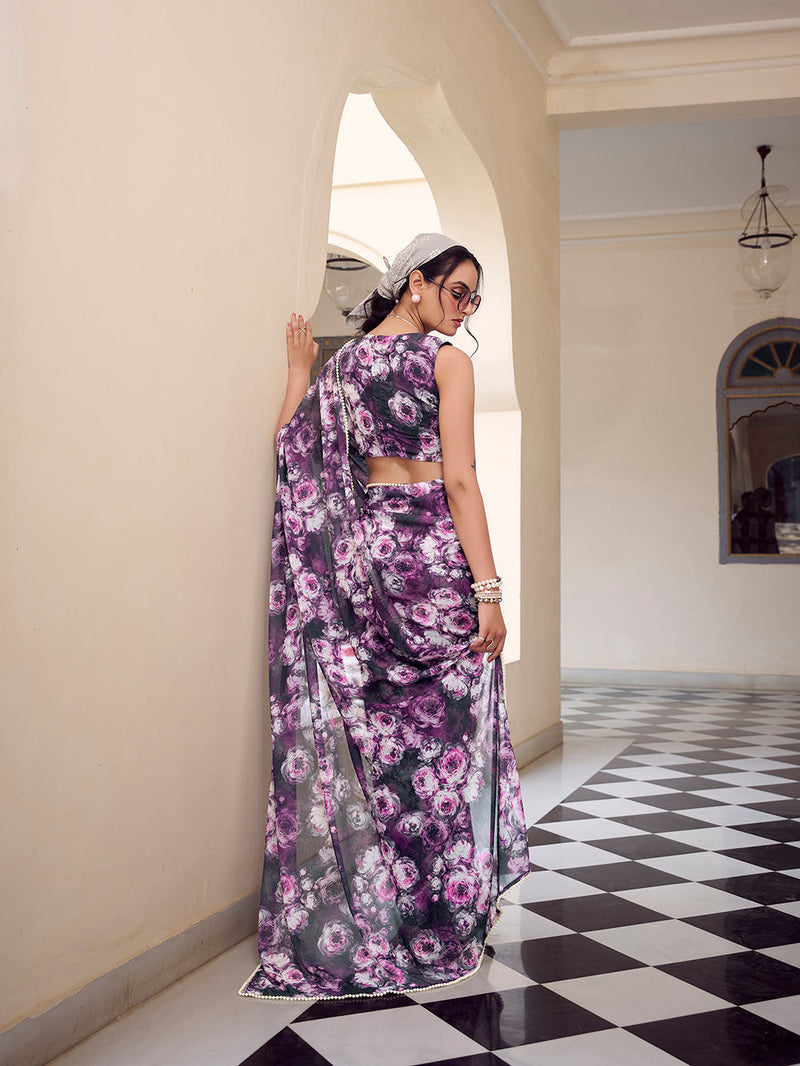 Grey Color Floral Printed With Peral Lace Border Weightless Marbal Saree