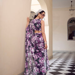 Grey Color Floral Printed With Peral Lace Border Weightless Marbal Saree
