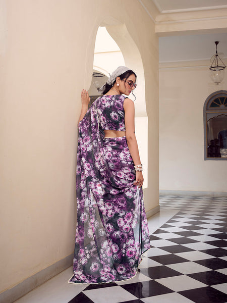 Grey Color Floral Printed With Peral Lace Border Weightless Marbal Saree