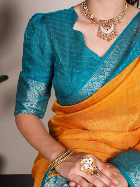 Mustard Color Patola Print With Weaving Work Tussar Chex Saree