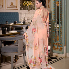 Peach Color Printed With Pearl Lace Border Georgette Saree