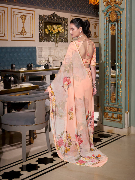 Peach Color Printed With Pearl Lace Border Georgette Saree