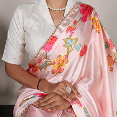 Peach Color Floral Print With Peral Lace Border Satin Silk Saree