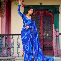 Blue Color Floral Printed Pearl Lace Border Chiffon Saree