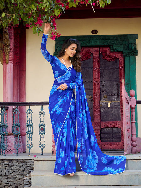 Blue Color Floral Printed Pearl Lace Border Chiffon Saree