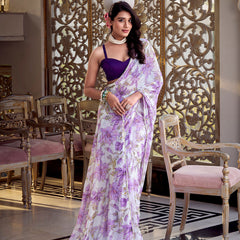 Lavender Color Floral Print With Peral Lace Border Weightless Marbal Saree