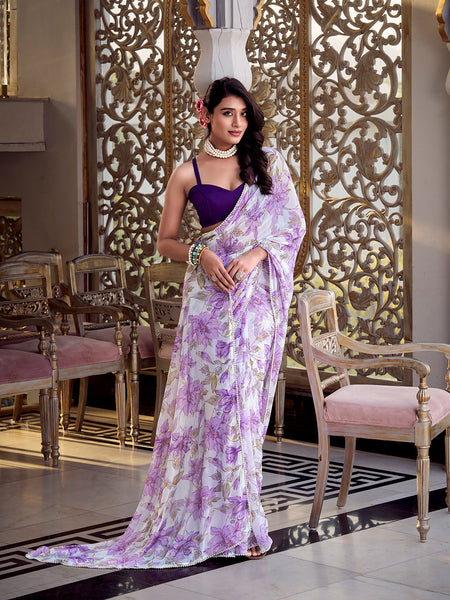 Lavender Color Floral Print With Peral Lace Border Weightless Marbal Saree