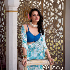 Sky Blue Color Floral Print With Peral Lace Border Weightless Marbal Saree