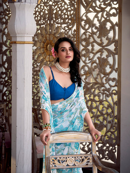 Sky Blue Color Floral Print With Peral Lace Border Weightless Marbal Saree