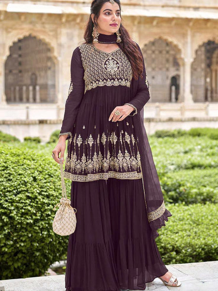 Chocolate Coloured Embroidered Top and Plazzo