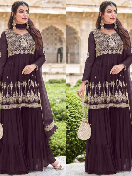 Chocolate Coloured Embroidered Top and Plazzo