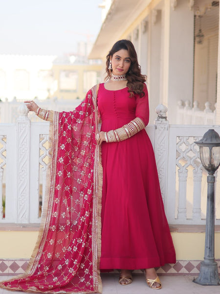 PINK COLOUR READYMADE ALIA CUT GOWN WITH DUPATTA SET-KKA-1070