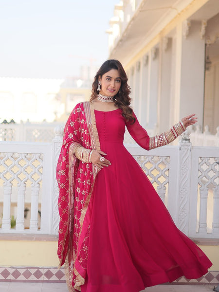 PINK COLOUR READYMADE ALIA CUT GOWN WITH DUPATTA SET-KKA-1070