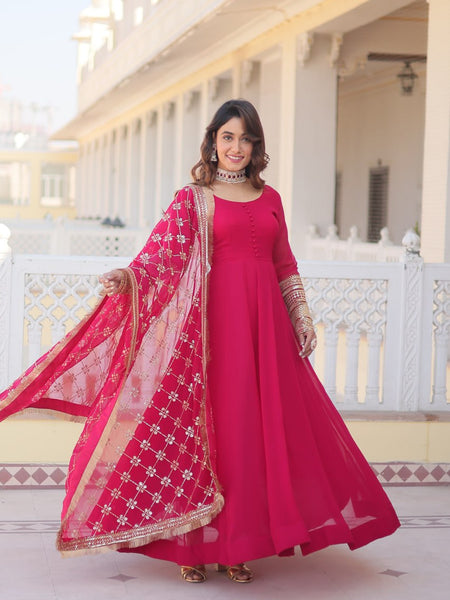 PINK COLOUR READYMADE ALIA CUT GOWN WITH DUPATTA SET-KKA-1070