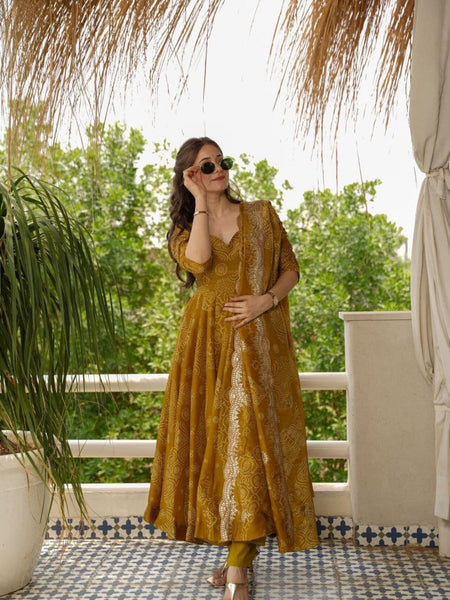 Bandhani Mehndi Colour Anarkali Suit Set