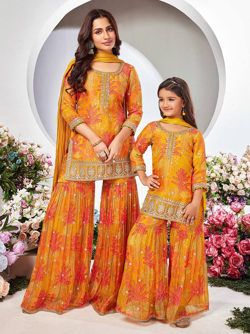 Premium Mom-Daughter Combo Top Sharara And Dupatta Sets