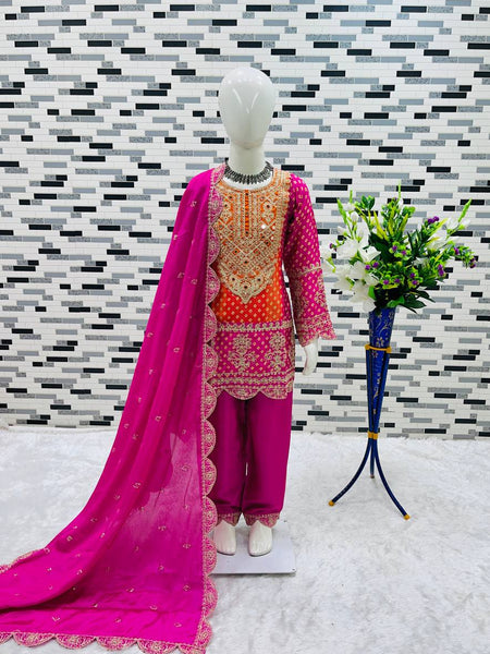 Pure Chinnon With Heavy Embroideryy Coding Dori-Sequence Work Top-Bottomm And Dupattaa Set Fully Stitched OC-186