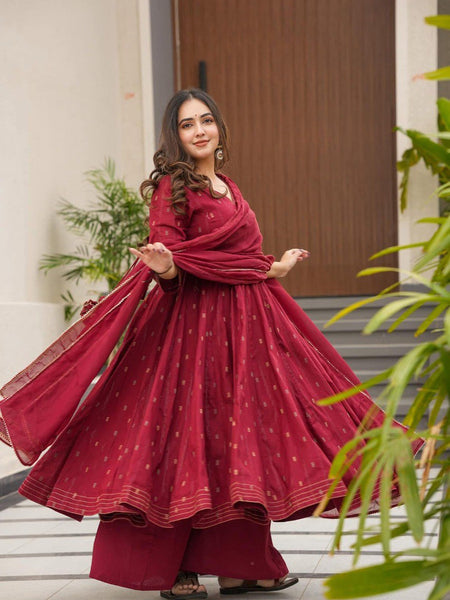 Hirva Maroon Colour Cotton Anarkali Suit Set