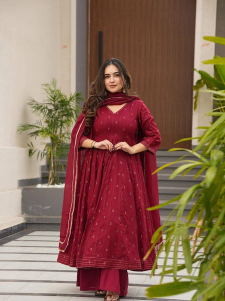 Hirva Maroon Colour Cotton Anarkali Suit Set