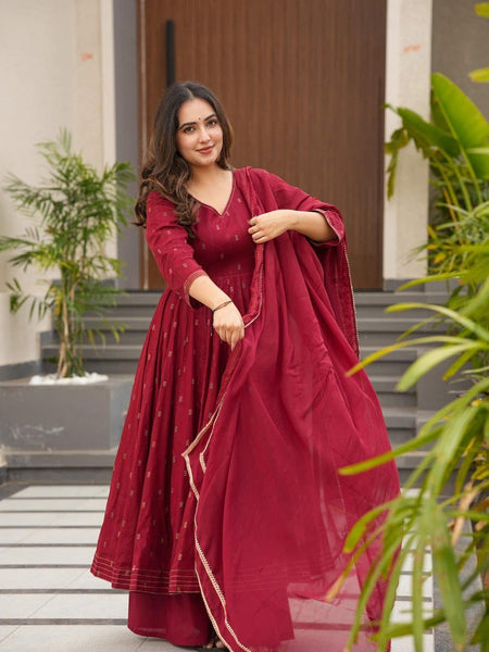 Hirva Maroon Colour Cotton Anarkali Suit Set